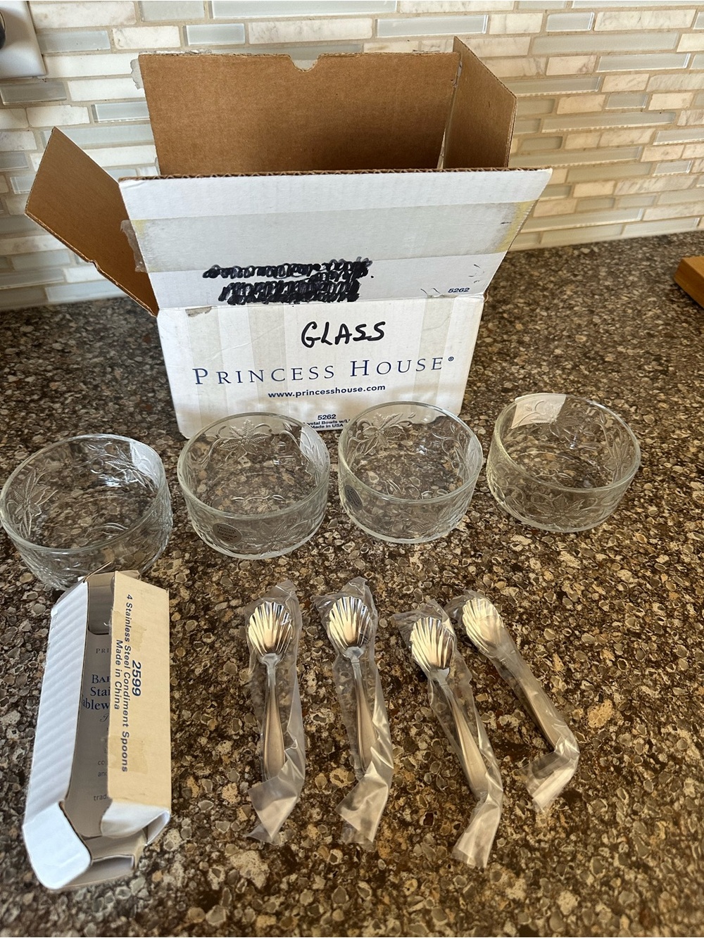 Princess House Fantasia Glass Bowls and Stainless Steel Spoons